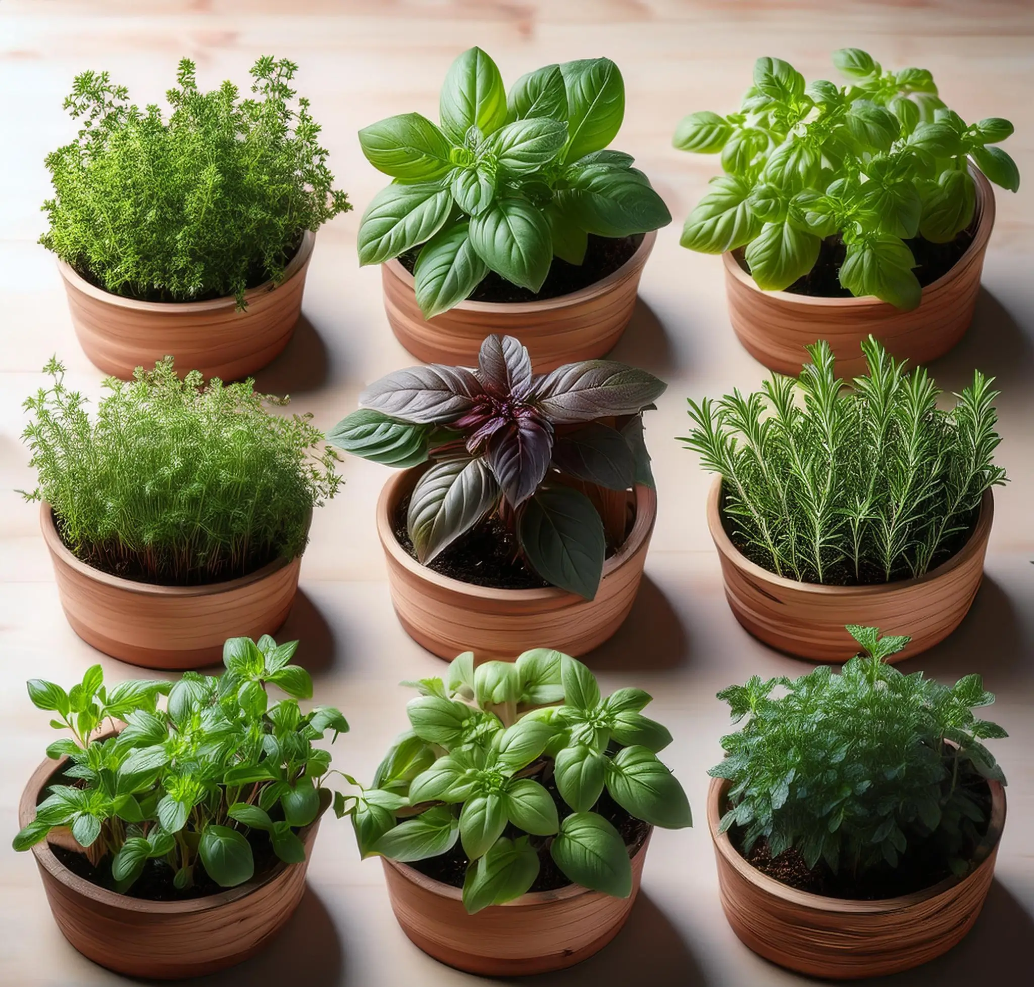 Small space herb garden featuring potted basil, thyme, and parsley on a sunny windowsill, demonstrating how to grow herbs in limited indoor spaces.