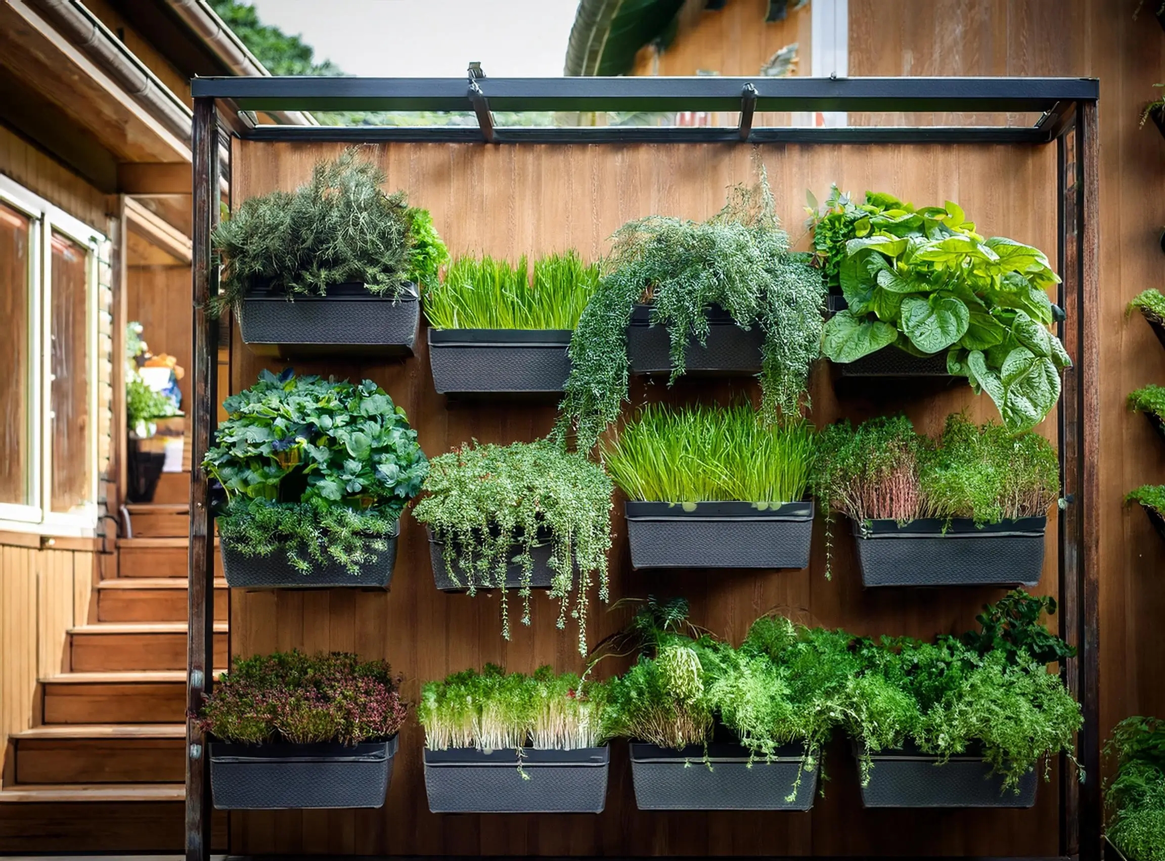 A variety of vertical gardening systems displayed in a home setting, showcasing wall-mounted planters, stackable pots, and hanging gardens for small spaces